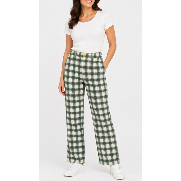 Cider Pants - Cider Plaid Flare Pants Women Size M Green Yellow Daisy Button Retro 70s Style